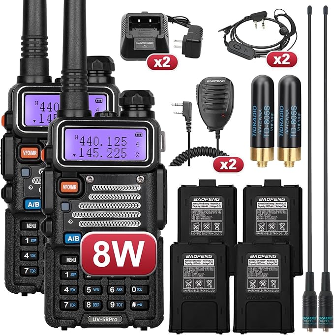 Baofeng UV-5R 8W High Power Ham Radio with 4pcs Batteries, Dual Band Long Range Two Way Radio Walkie Talkie Ham Radio Handheld with Earpiece,Speaker Mic,Charger and Antenna Full Kit (2 Pack)