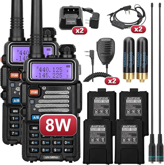 Baofeng UV-5R 8W High Power Ham Radio with 4pcs Batteries, Dual Band Long Range Two Way Radio Walkie Talkie Ham Radio Handheld with Earpiece,Speaker Mic,Charger and Antenna Full Kit (2 Pack)