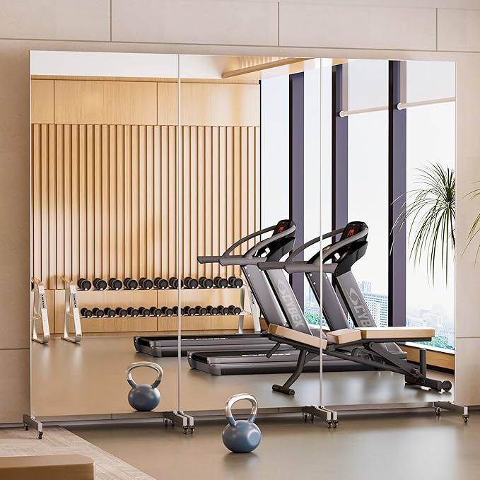 brisafe Home Gym Mirror 360° Swivel on Wheels, 75" X 32" Nano Film Super Lightweight Unbreakable Full Length Mirror for Yoga, Dance Studio, Silver