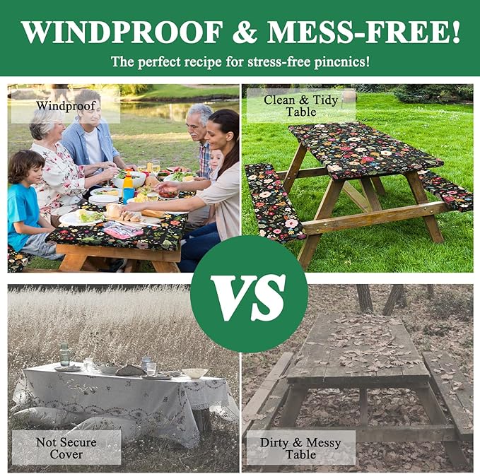 famibay 3 Piece Picnic Table Cover and Bench Covers Black Floral Polyester Camping Tablecloth, Windproof Reusable Fitted Picnic Table Covers with Elastic(12”x72+30”x72”)