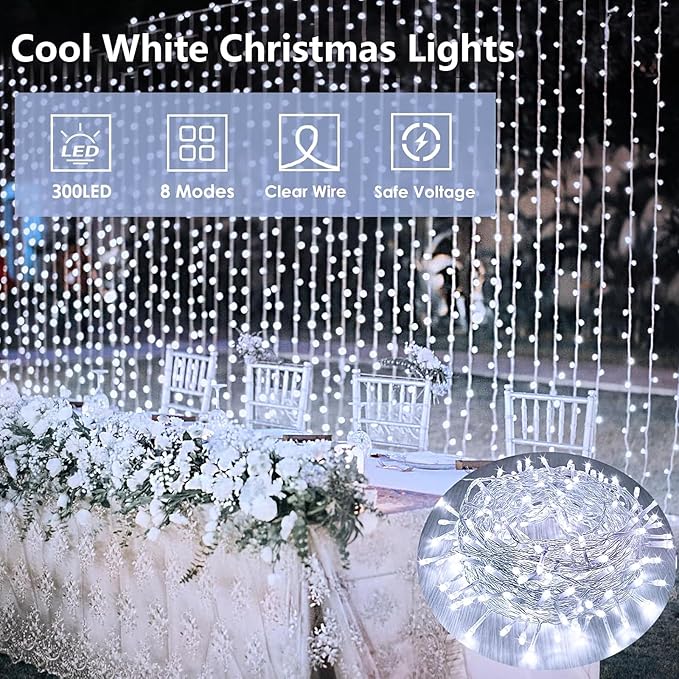 Extra-Long String Lights Outdoor Indoor, 300 LED Super Bright Christmas Lights Clear Wire, Waterproof 8 Modes Plug in Twinkle Fairy Light for Bedroom Party Wedding Garden Christmas (Cool White)