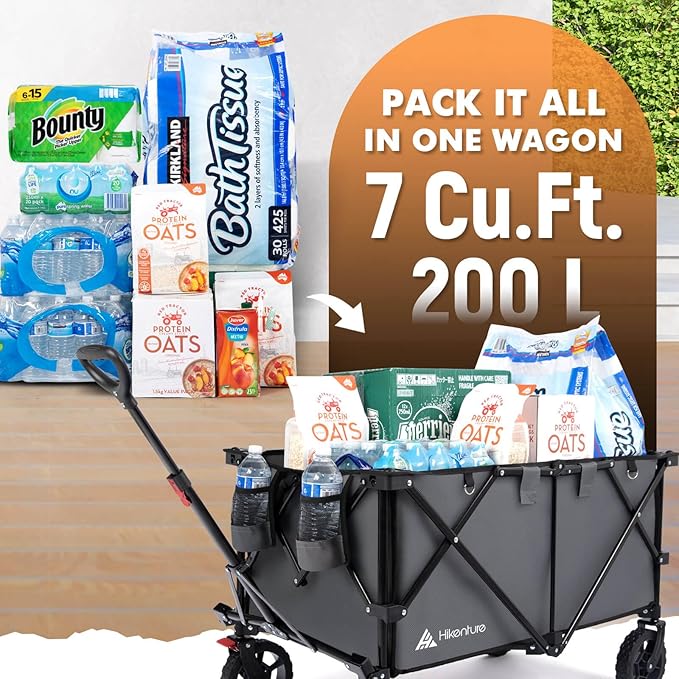 Hikenture Collapsible Wagon 330LBS Capacity, 200L Extra Large Wagons Carts Foldable, Heavy Duty Folding Wagon with All-Terrain Wheels, Utility Beach Wagons for Outdoor Garden