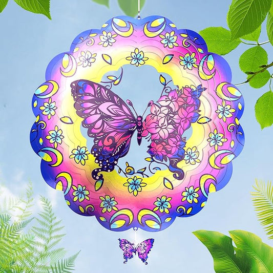 Butterfly 12 Inch Wind Spinners Garden Yard Decor Gift for Women Men, Outdoor Purple Metal 3D Wind Spinner, Stainless Steel Hanging Wind Catchers Sculpture for Outside Decoration