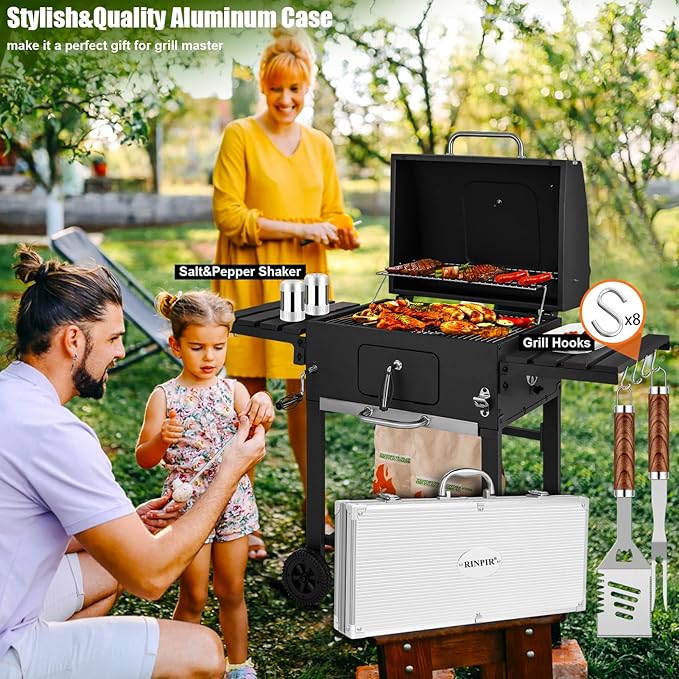 35pcs Deluxe Grilling Gifts Set for Birthday Fathers Day, Stainless Steel BBQ Accessories Kit for Men Dad, Professional Grill Tools Utensils with Scissors, Meat Claws in Aluminum Case Brown