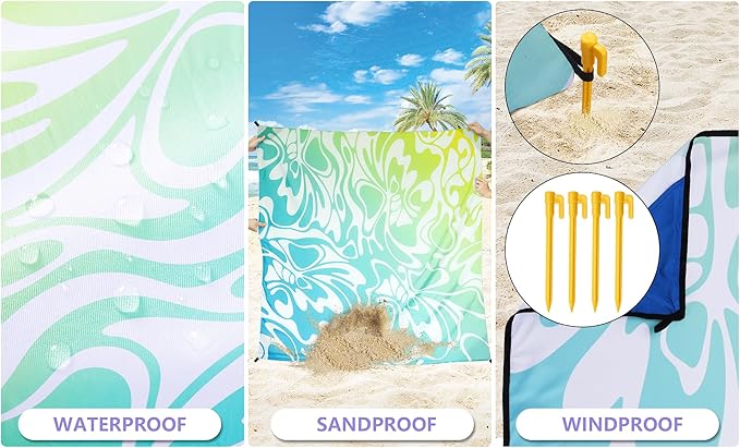 Beach Blanket Waterproof Sandproof Beach Mat 79" X 83"/10'x9'for 2-8 Adults Quick Drying Outdoor Picnic Mat Beach Accessories for Travel, Camping, Hiking