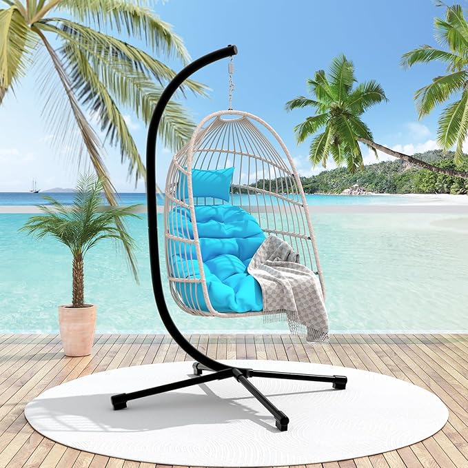 Foldable Hanging Egg Chair with Stand, HDPE Rattan and Heavy Duty Aluminum-Steel Frame, Outdoor Patio Wicker Swing Egg Chair with Headrest and Cushioned, 350 Lbs Capacity (Blue)