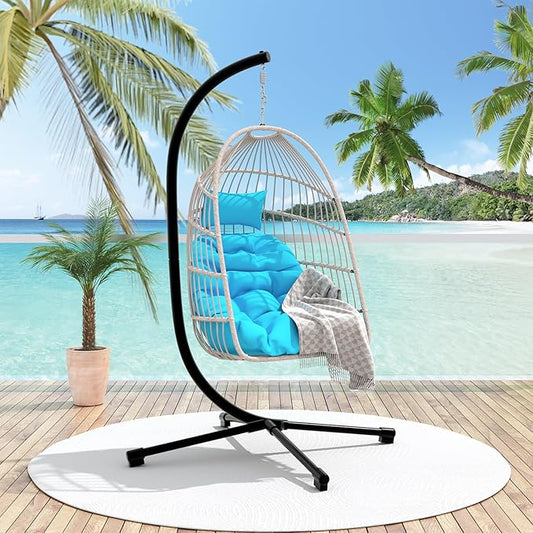 Foldable Hanging Egg Chair with Stand, HDPE Rattan and Heavy Duty Aluminum-Steel Frame, Outdoor Patio Wicker Swing Egg Chair with Headrest and Cushioned, 350 Lbs Capacity (Blue)
