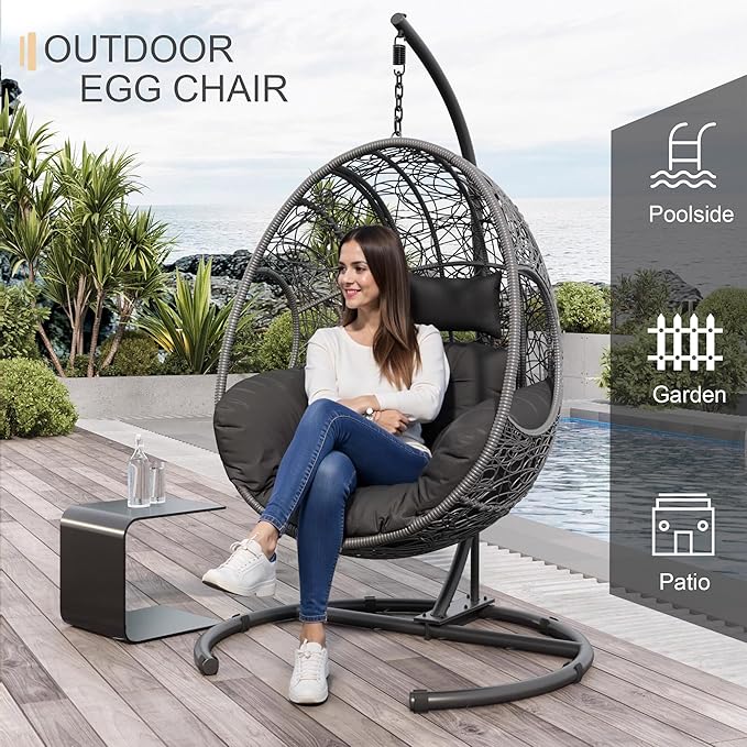 Oversized Hanging Egg Chair Outdoor Indoor, Wicker Swing Egg Chair with Stand 400lbs Capacity for Bedroom, Patio, Garden and Balcony (Grey-nest, Oversize)