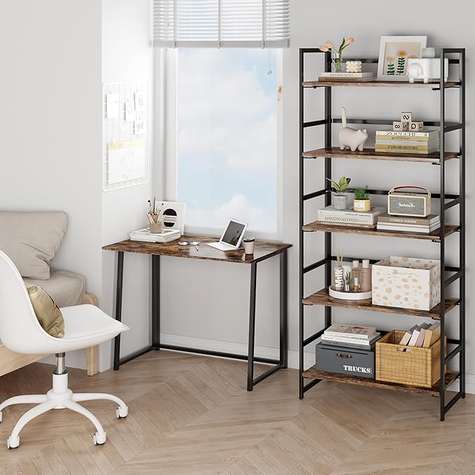 BHG Vintage Multifunctional Folding Bookshelf, No-Assembly Plant Stand Storage Rack Shelves for Home Office (Fire, 5-Tier)