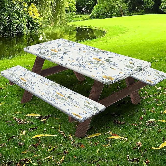 CAPSCEOLL Picnic Table Cover with Bench Covers Wind & Water-Resistant Camping Tablecloth Outdoor Table Protector with Drawstring Bag for Camping Essentials, 72X30in, Blue Yellow Flowers