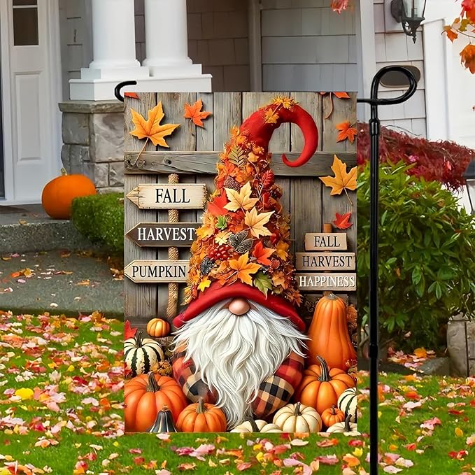 Gnome Garden Flag 12X18 Inch Double Side,Pumpkin Fall Yard Flag,Small Garden Flag Outside Decorative,Outdoor Fall Flag for Holiday Courtyard Lawn Patio