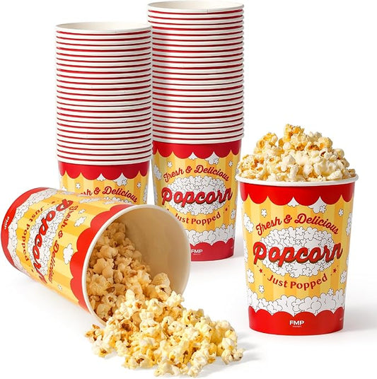 Fit Meal Prep 25 Pack Classic Paper Popcorn Buckets Disposable, 32 Oz Grease Resistant Popcorn Bowls Cups for Machine Home Theater Carnival Movie Night