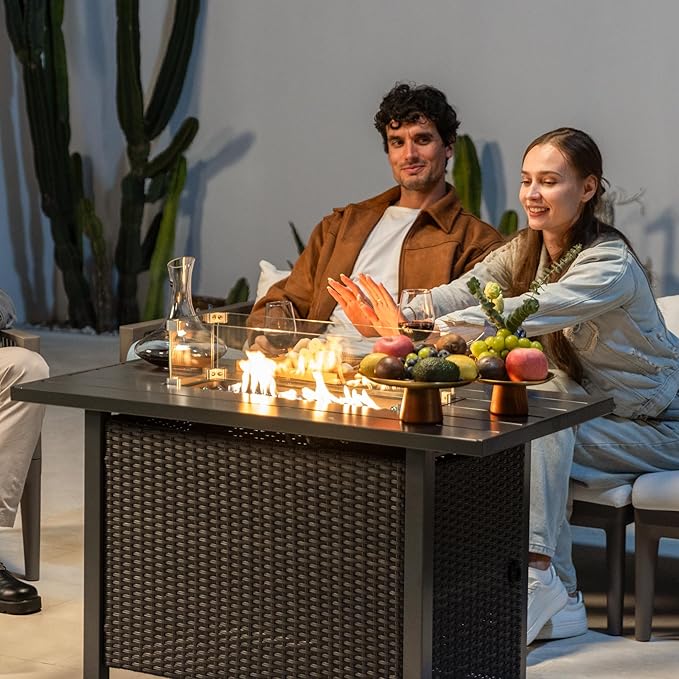 43" Propane Fire Pit Table with Rattan Fence, 50,000 BTU Gas Fire Pits for Outside Patio with Auto-Ignition, 2-in-1 Fire Table with Glass Stones,Wind Guard& Removable Lid, Black