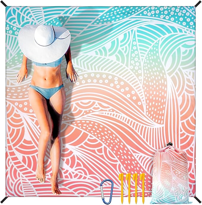 Beach Blanket Waterproof Sandproof Beach Mat 79" X 83"/10'x9'for 2-8 Adults Quick Drying Outdoor Picnic Mat Beach Accessories for Travel, Camping, Hiking