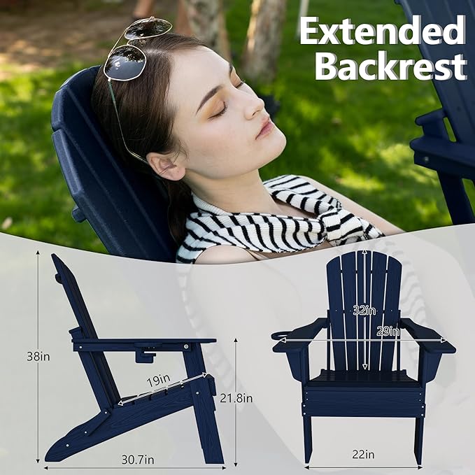 Folding Adirondack Chair, SGS Tested, Wooden Textured with Cup Holder, Heavy All-Weather HDPE Comfortable Set Poolside Backyard Lawn Navy Blue Set 4