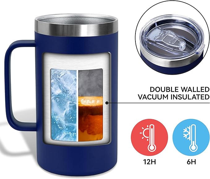 DOMICARE 24oz Mug with Handle and Lid, Stainless Steel Coffee Mug, Travel Mug with Handle, Double Wall Vacuum Coffee Tumbler, Reusable Insulated Cup, Navy, Pack 4