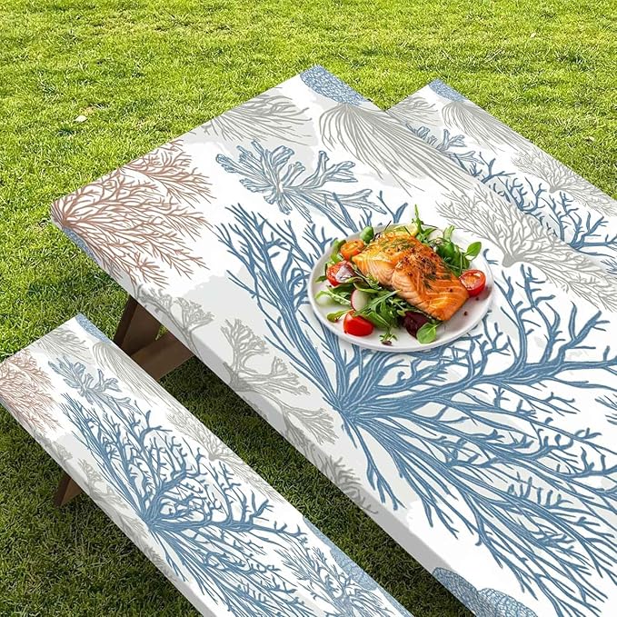 CAPSCEOLL Fitted Picnic Table Cover with Bench Covers with Elastic 8Ft Waterproof Camping Picnic Table Cover Cloths for Outdoors Camping Tablecloth with Drawstring Bag, 96X30in, Blue Sea
