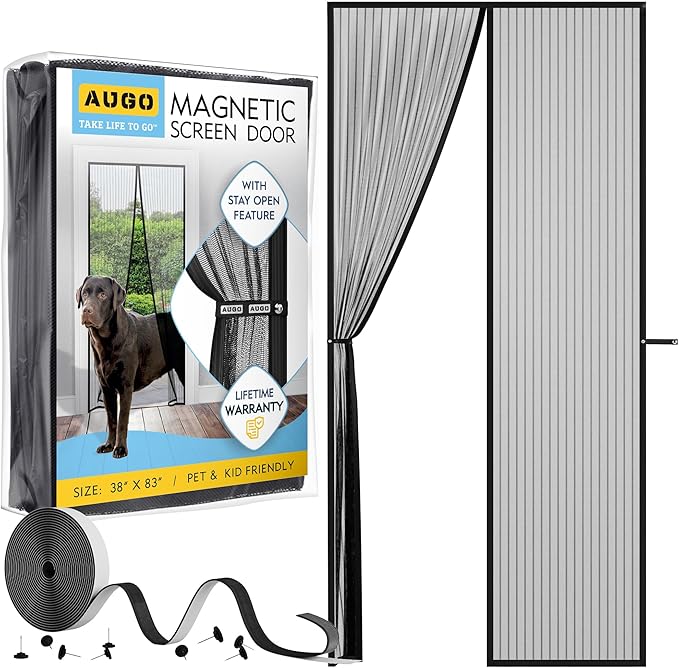AUGO Magnetic Screen Door - Self Sealing, Heavy Duty, Hands Free Mesh Partition Keeps Bugs Out - Pet and Kid Friendly - Patent Pending Keep Open Feature - 38 Inch x 83 Inch