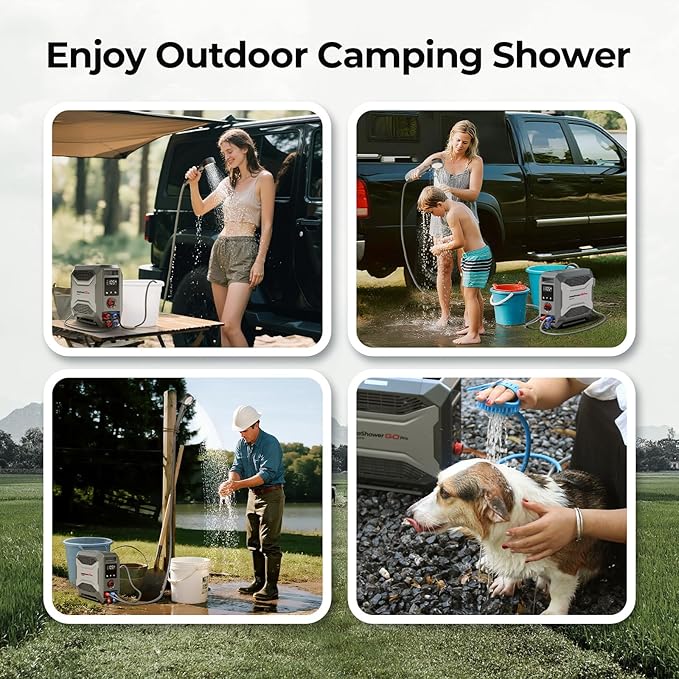 FOGATTI InstaShower GO Pro, Portable Propane Water Heater 22,000 BTU, with 5000mAh Rechargeable Built-in Battery, DC 12V, Outdoor Camping Shower