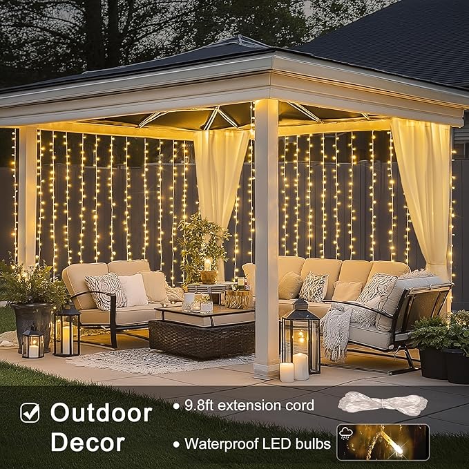 JMEXSUSS 300 LED Remote Control Curtain Lights, Plug in Fairy Curtain Lights Outdoor, Window Wall Hanging String Lights for Bedroom Backdrop Wedding Party Indoor Christmas Patio Dorm Decor, Warm White