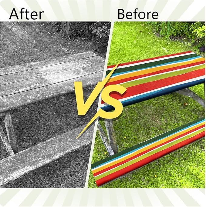 JAWO Picnic Table Covers with Bench Covers Modern Stripe Camping Tablecloth 6FT for 6 Person Fitted Picnic Table Cover with Elastic Windproof Waterproof Fabric, Camping Accessories Patio & Outdoor