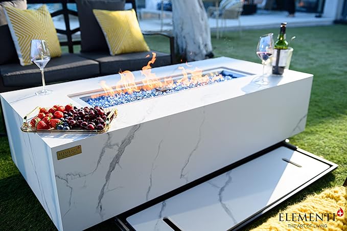 Elementi+ | Carrara Gas Fire Pit | Marble Porcelain & Metal Frame | 60" Rectangular Fire Table | Electronic Ignition | Canvas Cover, Fire Glass & Burner Lid Included | White | Natural Gas