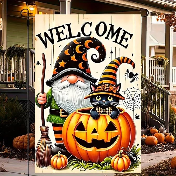Halloween Garden Flag for Outside 12x18 Inch Double Sided, Gnome Pumpkin Small Yard Flags for Outside, Outdoor Welcome Flag Front Porch Decorations for Home