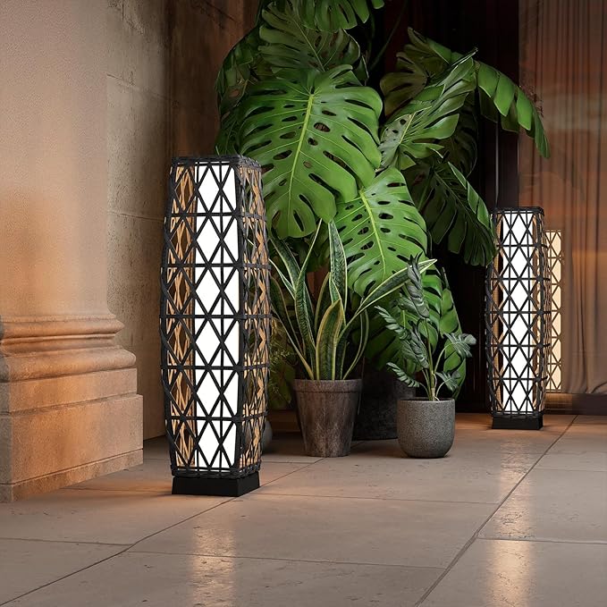 Grand patio Outdoor Solar Powered Wicker Floor Lamp Outdoor Weather-Resistant Deck Light for Garden Porch - Silver Gray, Large Cindy