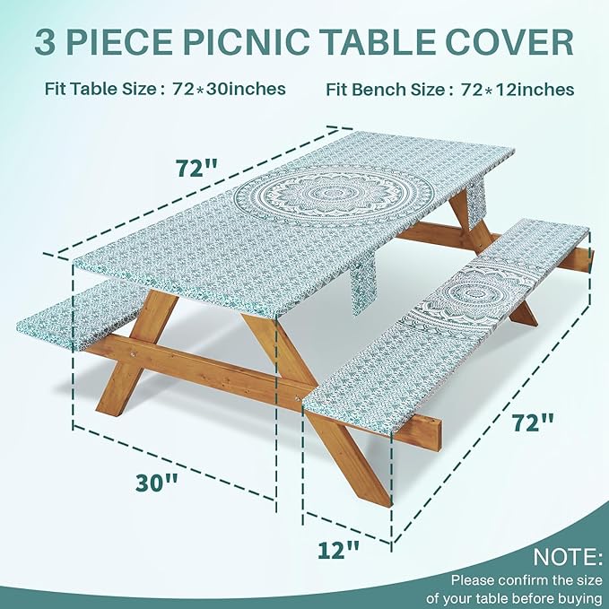Fitted 6Ft Picnic Table Cover with Chair Covers Elastic Polyester Stain Resistant Reusable Camping Table Cloth Patio Glamping Equipment Hiking Rv Outdoor Necessities Gifts for Grandma Grandpa