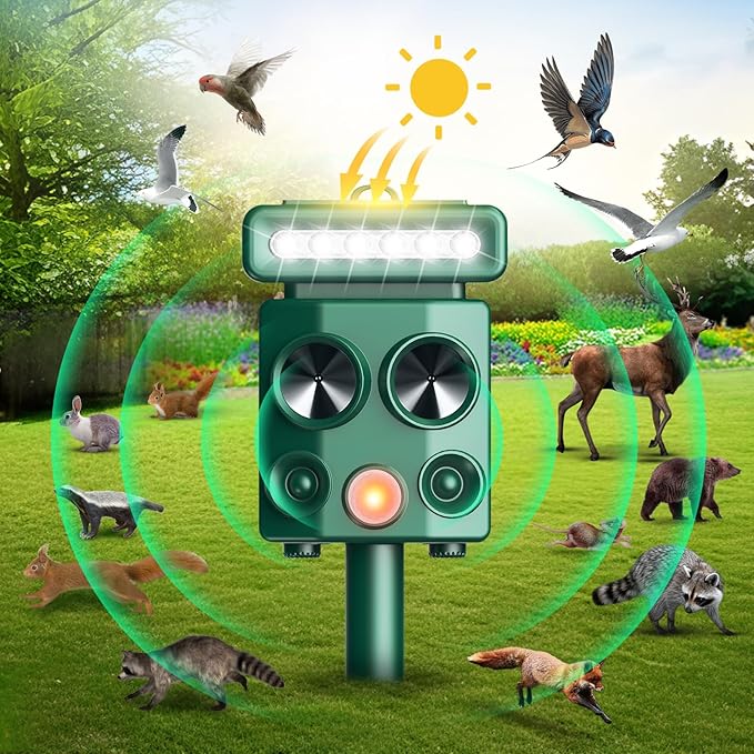 Solar Ultrasonic Animal Repeller with Motion Detection&LED Strobe Light, 2Pcs Deer Deterrent Devices Outdoor to Repel Dog Squirrel Rabbit Raccoon Repellent for Farm