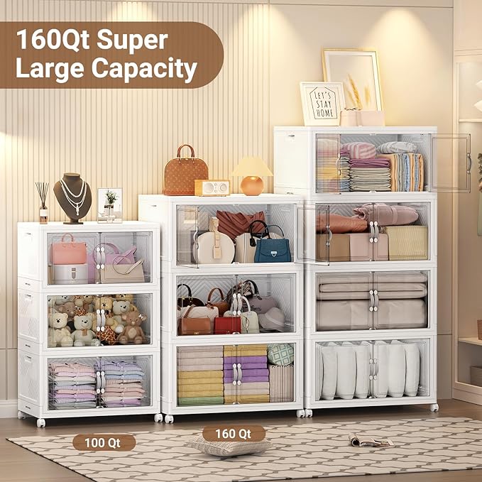 480QT Extra Large Stackable Storage Bins, 120Gal Clear Plastic Closet Organizer Cabinet with Lid and Wheels, Collapsible Latch Boxes Folding Drawer with Door for Home Kitchen, V20 3Pack White