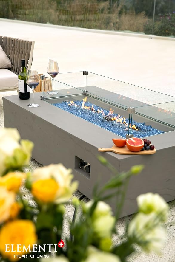 Elementi+ | Bundle Meteora Gas Fire Pit Cast Concrete 56" Rectangular Fire Table, Outdoor Fire Pit Electronic Ignition | Canvas Cover, Fire Glass and Burner Lid Included | Light Gray | Propane Gas
