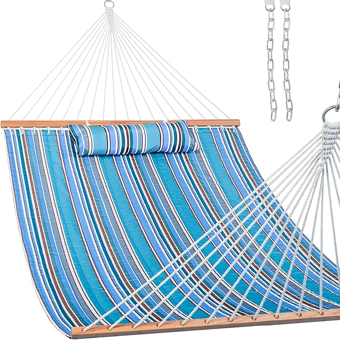 Lazy Daze Hammocks 12 FT Quilted Fabric Double Hammock with Spreader Bars and Detachable Pillow, 450 LBS Weight Capacity, Peacock Green Stripe