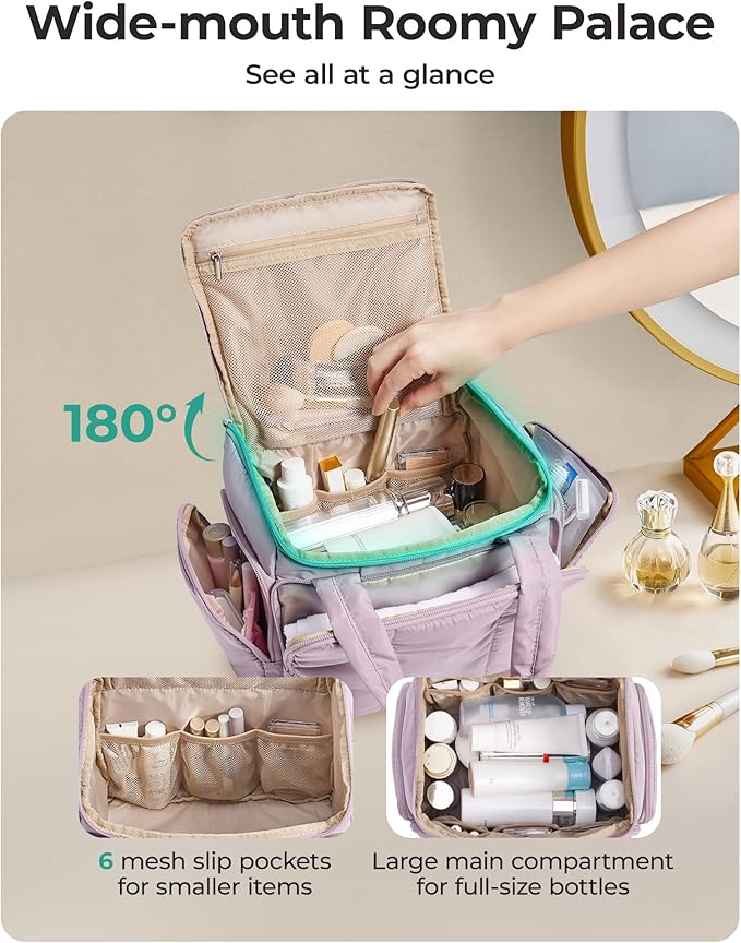 BAGSMART Puffy Travel Toiletry Bag, Roomy Makeup Bag with Multi-Pockets for Full-Sized Toiletries & Accessories, Purple