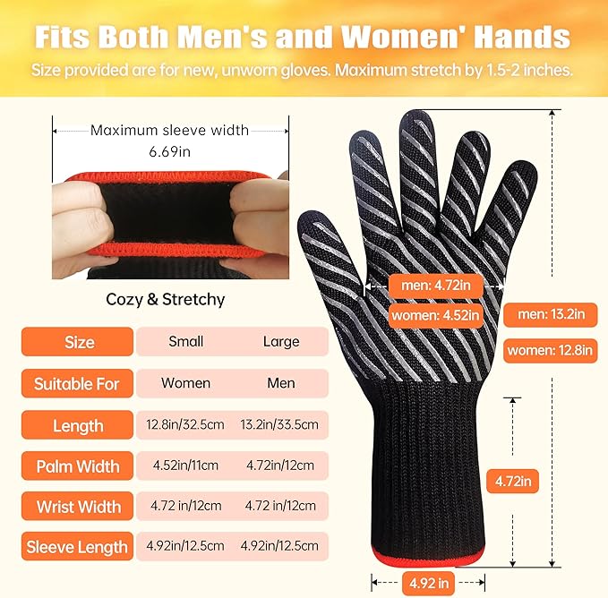 HandLove BBQ Gloves, Oven Gloves with Fingers –1472℉ Heat Resistant Gloves for Grilling | Aramid Retardant Non-Slip Grip, Long Cuff Mitts, Black,M