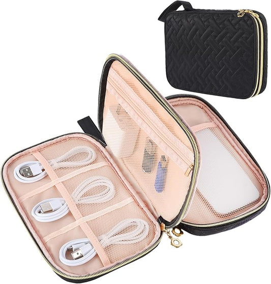 Electronics Organizer Travel Case, Charger Bag Cord Organizer Travel, Compact Tech Pouch Cable Organizer Bag for Charger, Cords, Phone, Headphones, Flash Drive, SD Card(Black, Small-Double Layer)