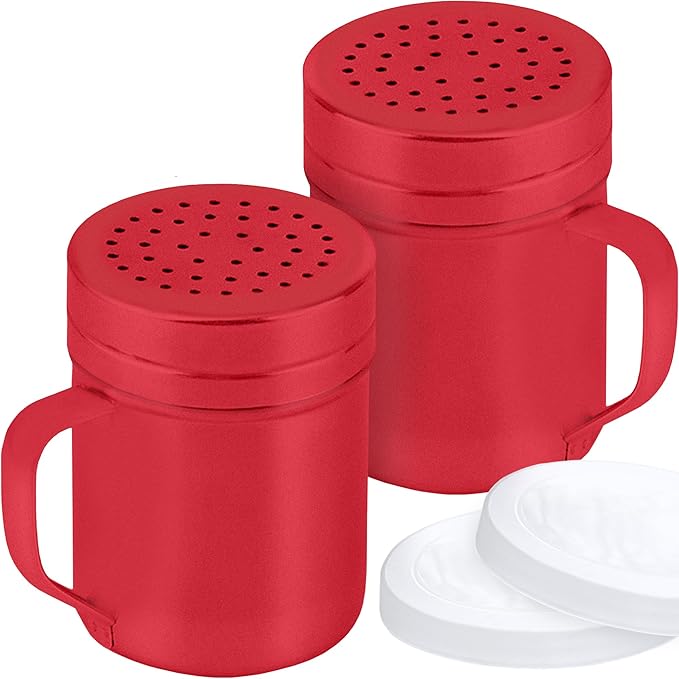 CUSINIUM 10oz Red Stainless Steel Salt Pepper Dredge Shakers - With Plastic Cap - With Handle - Pack of 2