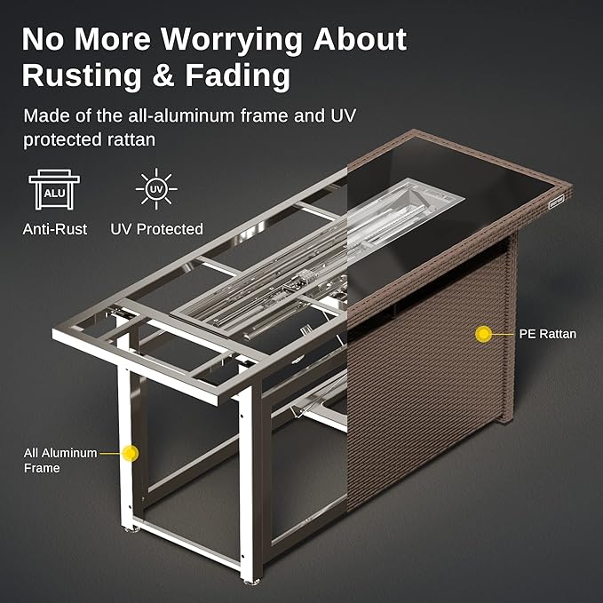 EAST OAK 57" Gas Fire Pit Table, 60,000 BTU Propane Fire Pit w/Large Tempered Glass Desktop, CSA Certified Outdoor Patio Fire Table with 9.2lb Glass Stone & Removable Lid, Chocolaty Coffee