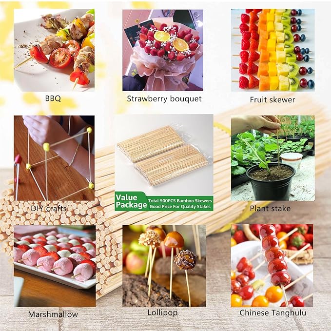 Acrux7 500 PCS 16 Inch Natural Bamboo Skewers, 1/6 Inch (4mm) Thick Smores Sticks Marshmallow Roasting Sticks, Long Bamboo Skewers for Kabobs, Appetizers, Fruit, Grilling, Barbecue, Crafts