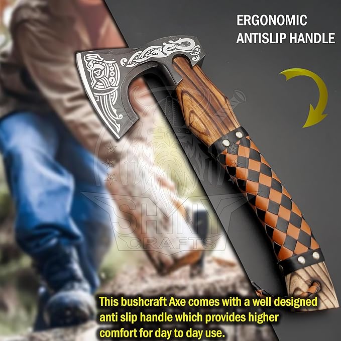 SHINY CRAFTS Viking Axe - Handmade Hatchet Norse Valhalla Runic Carbon Steel Head Engraved Handle Wolf Camp Axe With Genuine Leather Sheath & Wrap (SCA 03)