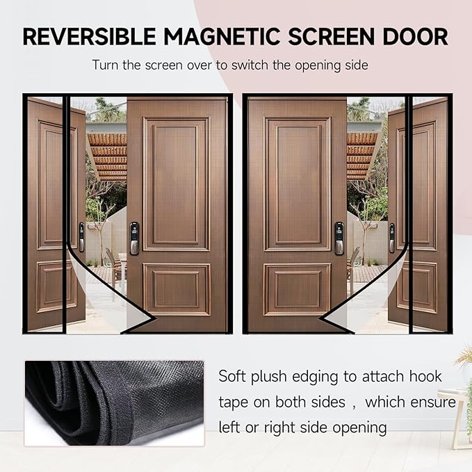 Fiberglass Magnetic Door Screen Fit Door Size 72 x 80 Inch, Sunmoxia Reversible Left or Right Side Opening Durable Reinforced Mesh Curtain, Heavy Duty Screen Door