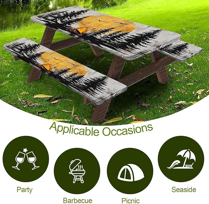 CAPSCEOLL Fitted Picnic Table Cover with Bench Covers with Elastic 8Ft Waterproof Picnic Table Cloths Windproof Outdoor Camping Tablecloth with Drawstring Bag, 96X30in, Camping on Wood
