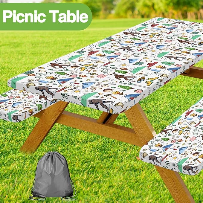 JAWO Picnic Table Covers with Bench Covers Camping Big Foot Adventure Tablecloth Fitted Picnic Table Cover with Elastic Windproof Waterproof Fabric, Camping Accessories Patio & Outdoor