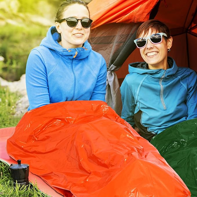 Qunclay 12 Set Emergency Sleeping Bag Survival Bivvy Sack Blanket with Whistles Lightweight Portable Thermal Survival Bag Thick Tent with Hood Extension Nylon Stuff Sack