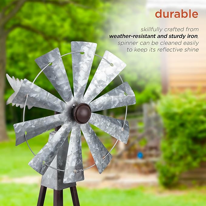 Alpine Corporation JUM368 Outdoor Metal Windmill Spinner Garden Yard Decoration, 24 Inches Tall, Bronze and Silver