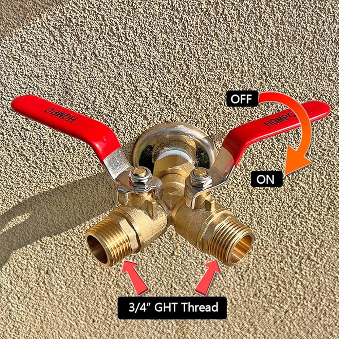 HQMPC Garden Hose Y Valve Splitter Brass Hose Splitter With Stainless Steel Long Handle Brass Garden Hose Adapter 2 Way Y Valve 3/4" GHT Thread 2pcs