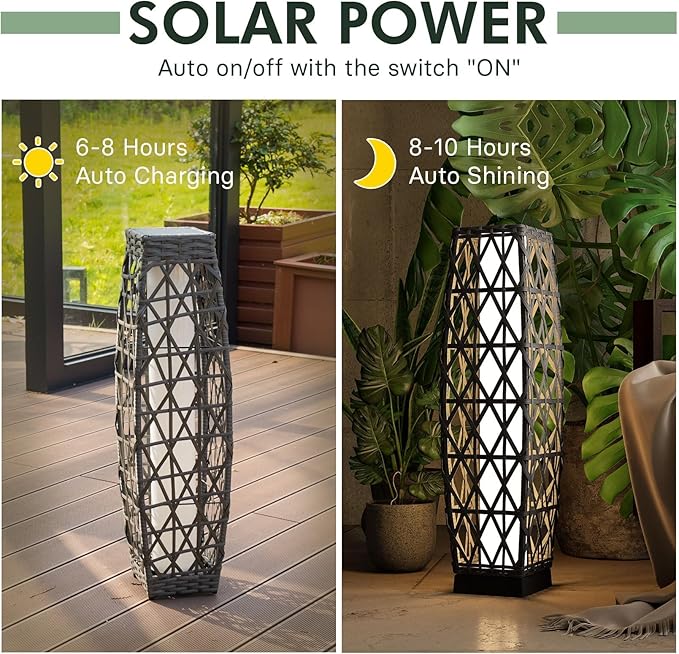 Grand patio 2-Piece Solar Outdoor Floor Lamp Solar Powered Wicker Lantern Outdoor Weather-Resistant Deck Light for Garden Porch Yard-Silver Gray, Large Cindy