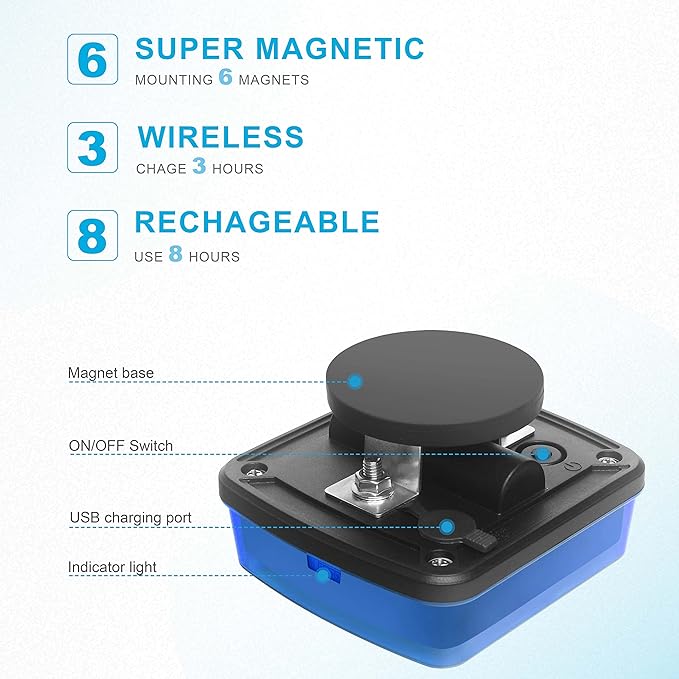 Agrieyes Blue Rechargeable Flashing Lights, Magnetic Strobe Light for Vehicles, Wireless Warning Hazard Beacon Lights for Trucks,