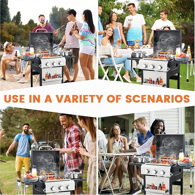 3-Burner Propane Gas BBQ Grill, SS Plancha, 36900BTU Stainless Steel Barbecue Grill With Wire Enamel Cooking Grids Foldable Side Table for Outdoor Camping (Style7: 3-Burner with SS Plancha)