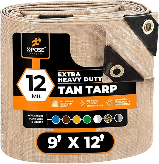 Heavy Duty Tan Poly Tarp 9' X 12' - Multipurpose Protective Cover - Durable, Waterproof, Weather Proof, Rip and Tear Resistant - Extra Thick 12 Mil Polyethylene - by Xpose Safety
